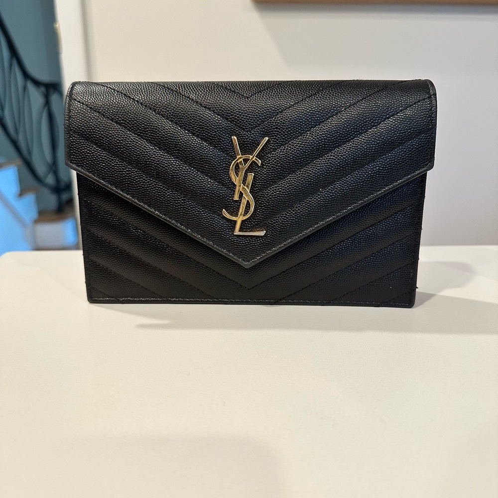 Saint Laurent Black and Gold Chevron Quilted Wristlet